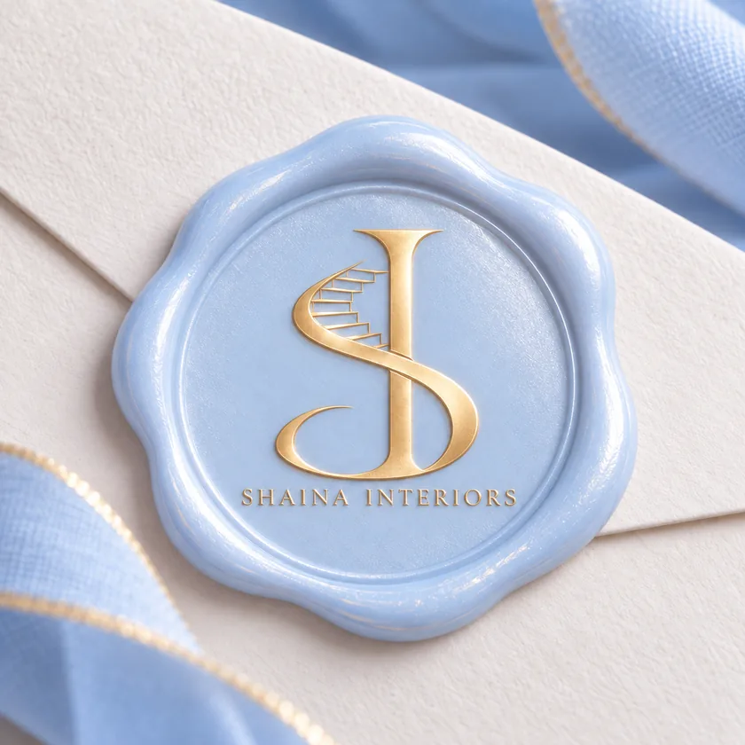 The champagne-gold Shaina Interiors staircase monogram on an icy blue wax seal